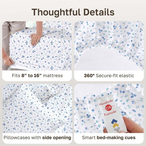California Design Den Queen Sheet Set - 100% Cotton, 400 TC, Smooth Sateen Finish, Deep Pockets | Floral White/Blue