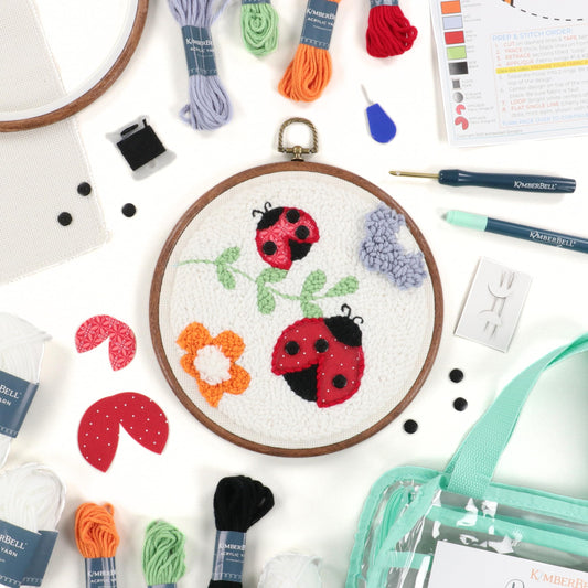 Kimberbell Punch Needle Kit – Bugs & Blooms - Complete DIY Embroidery Kit with Tool, Monks Cloth, Yarn, Appliqué Fabric & Frame – Ladybug & Floral Punch Needle Design for Handmade Gifts & Décor