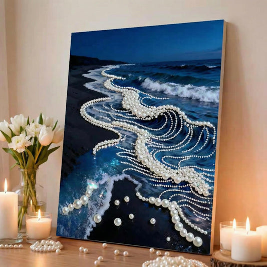 vhemo DIY 3D Pearl Painting Kit with Wooden Frame - Upgraded Diamond Art Kits for Adults, Ready to Hang Gem Painting, Relaxing Paint by Numbers, Creative Mosaic Craft (Serene Beach)