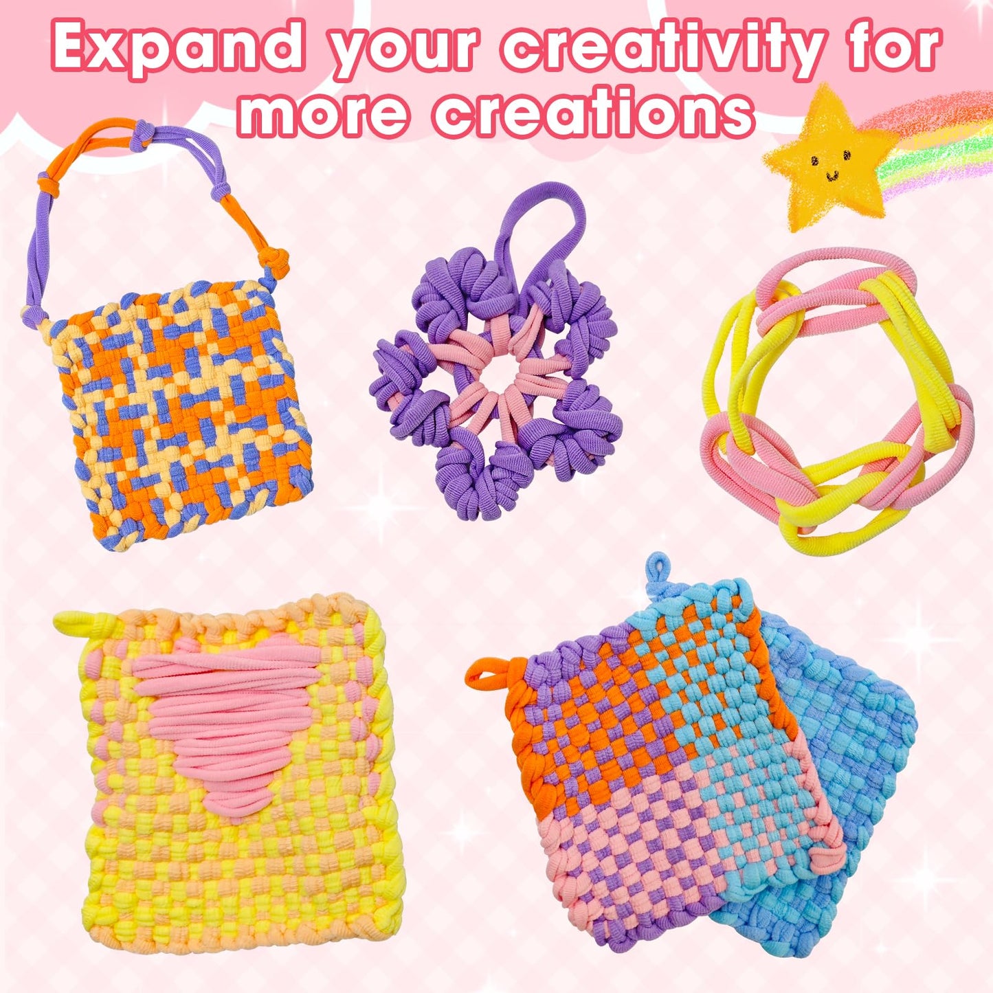 ZJEFUNS Weaving Loom Kit Toys for Kids and Adults DIY Arts and Crafts for Girls Ages 5 6 7 8 9 10 12, Pot Holder Loom Knitting Kits Includes 8 Color Craft Loops for Beginners