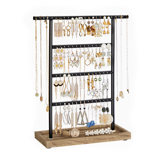SONGMICS Jewelry Organizer, 4-Tier Earring Holder Organizer Stand with Base Tray, for Studs and Necklaces, Vintage, Wood Color and Black UJJS019B01