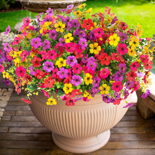 ADXORA 12 Bundles Artificial Flowers,Faux Plants for Spring Summer Decoration, UV Resistant Colorful Violets Eucalyptus for Outside Home Planter Porch Patio Yard Decor