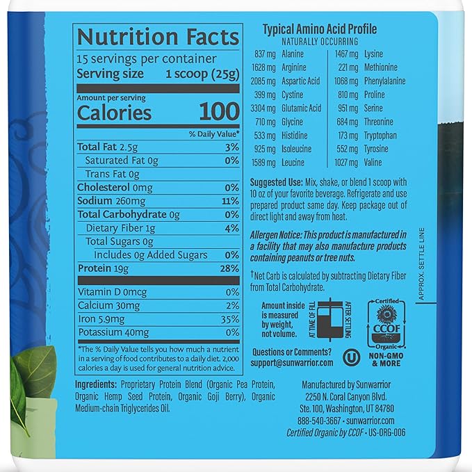 Sunwarrior Organic Plant Based Protein Powder | Vegan Organic Protein Powder Unflavored with BCAA Amino Acids & Hemp Seed Pea Blend | Non-GMO Soy Dairy Filler & Gluten Free (Unflavored, 15 Servings)