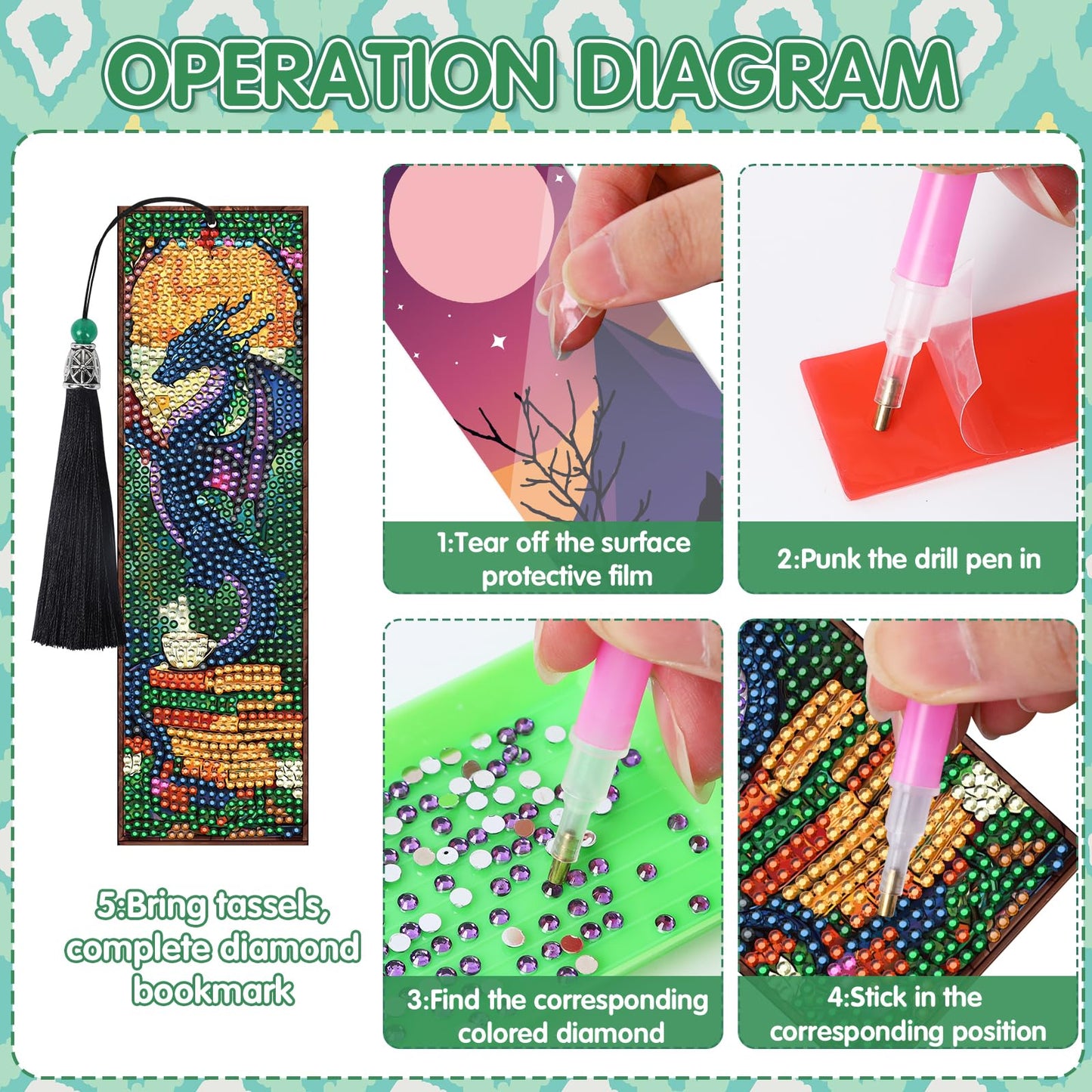 Dragon Diamond Art Bookmarks Kit - 6 Pcs Stained Glass Window Dragon Bookstacks Diamond Painting Bookmarks for Adults, Gem Art DIY Crafts Kit for Beginners Book Lover Gifts