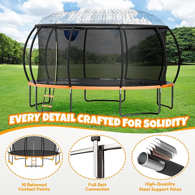 14FT & 16FT Trampoline for Kids & Adults, Big Round Trampoline with Basketball Hoop, Sprinkler & ASTM Certified