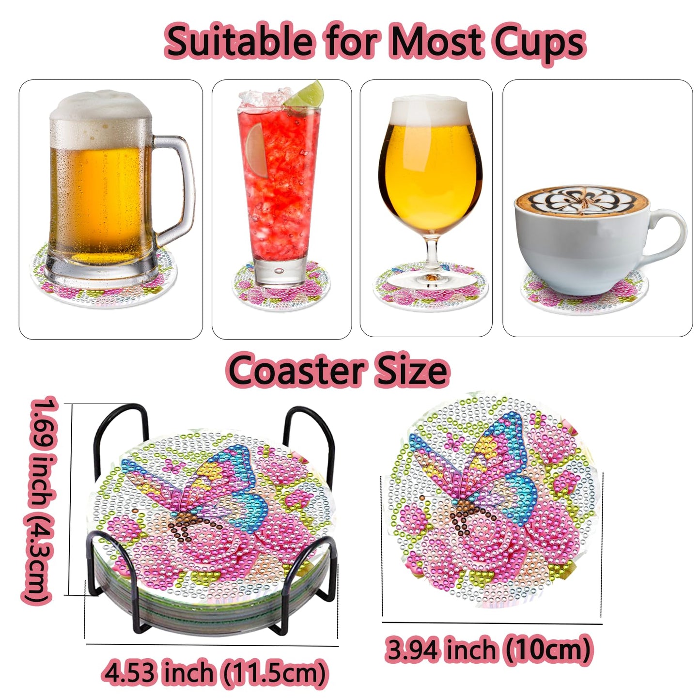 TDOOW Diamond Art Painting Coasters Kit, 8 Pcs Colorful Butterfly Diamond Art Coasters with Holder, DIY Diamond Painting for Adults Beginners