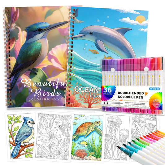Tlenpo Adult Coloring Book for Women Relaxation, Spiral Bound Mindfulness Coloring Book with 36 Colors Markers for Adult, Anxiety Relief Gifts with 50 Patterns (Ocean & Bird Theme)