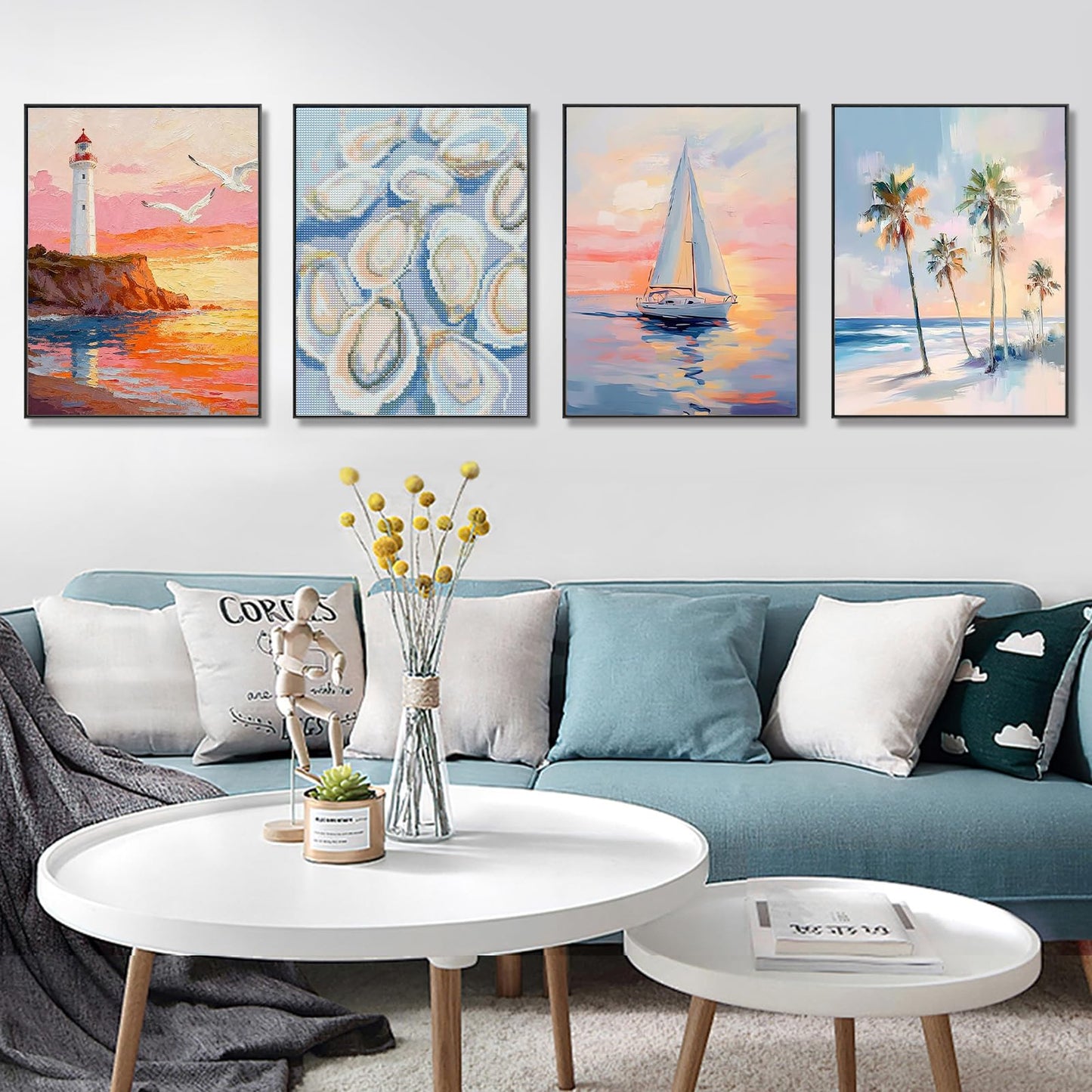 LEZHIJIA 4 Pack Beach Diamond Art Kits for Adults, Cute Diamond Painting Kits for Beginner, Summer Diamond Dots Full Drill Crafts for Gem Art Home Wall Decor for Teens Girls Ocean 5D DIY 12x16in