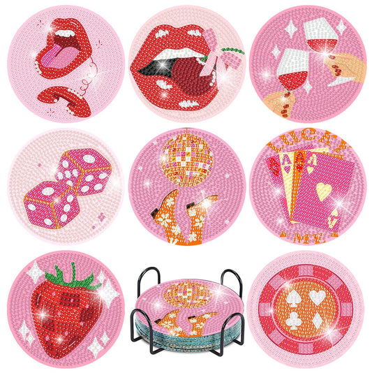 Canrichshop Pink Vintage Diamond Paintings Coasters Kits Set,8 Pieces Retro Funny Drinks Diamond Art Painting Coasters Kit with Holder,5D DIY Full Drill Diamonds Dot for Beginners Gift