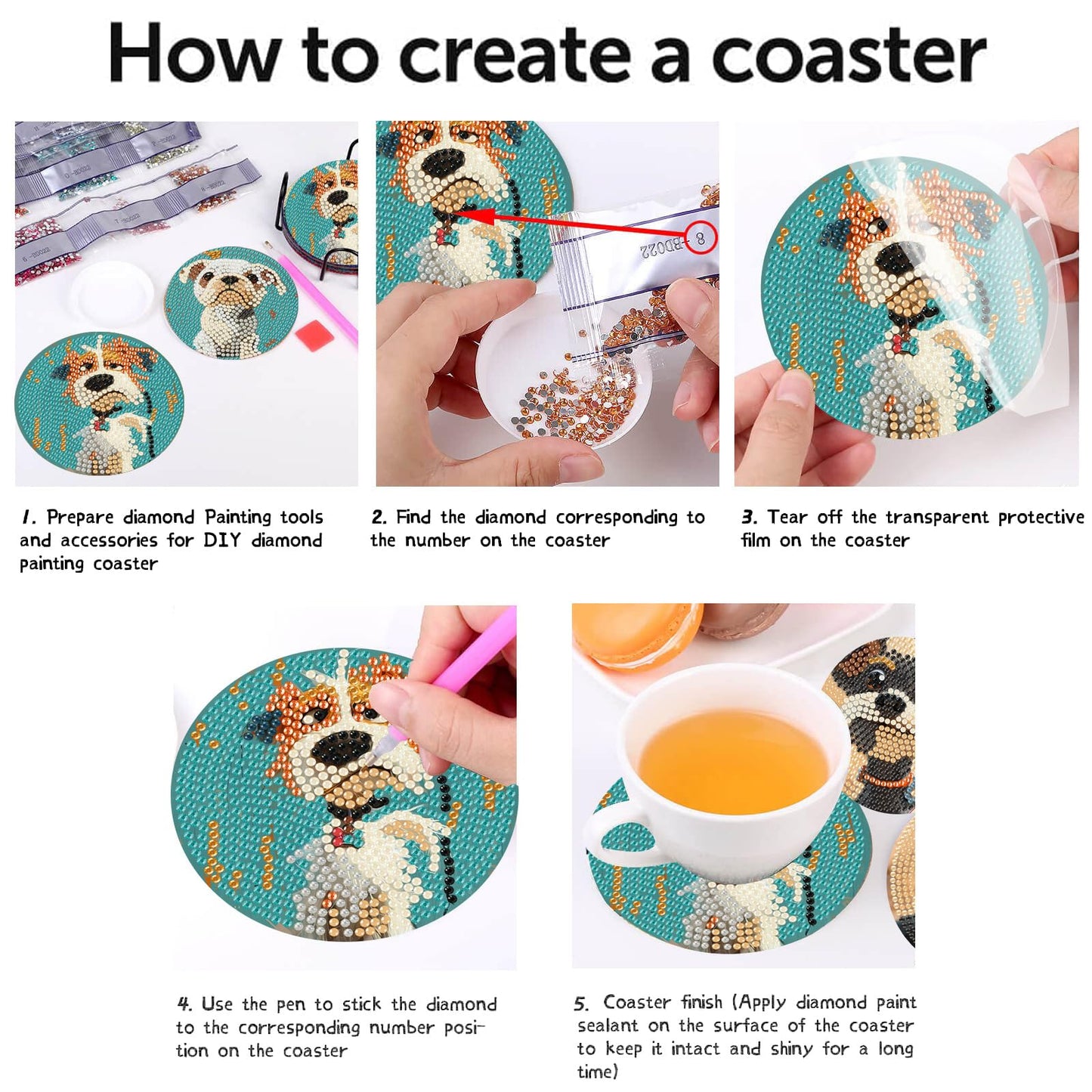 Cute Dog Diamond Art Painting Coasters Kit, 8 Pieces Puppy Diamond Art Coasters with Holder, DIY Dog Diamond Coasters for Beginners