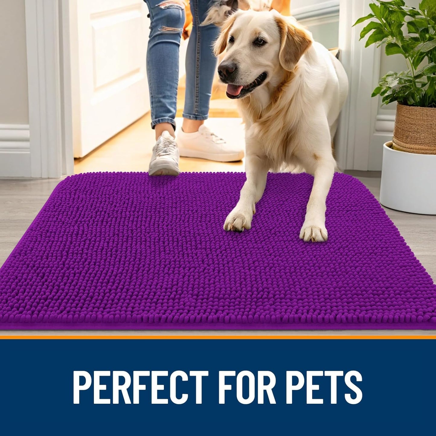 OLANLY Dog Door Mat - Absorbent Non-Slip Mud Mat for Indoor Use | 59x24 Inches, Quick Dry Chenille, Purple
