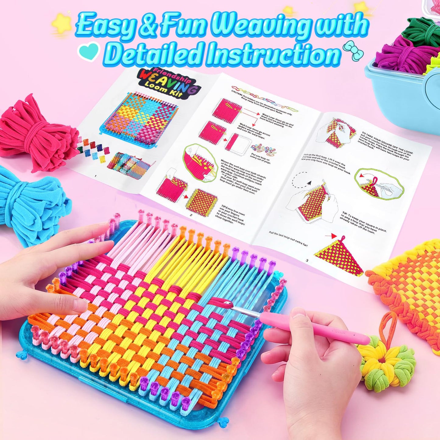 Spardar 450+PCS Weaving Loom, Arts and Crafts with Portable Storage Box, Christmas Birthday Gift, Pot Holder Loom Kit Includes 360 Craft Loops, Knitting Loom Kit for Making Handbag, Blue