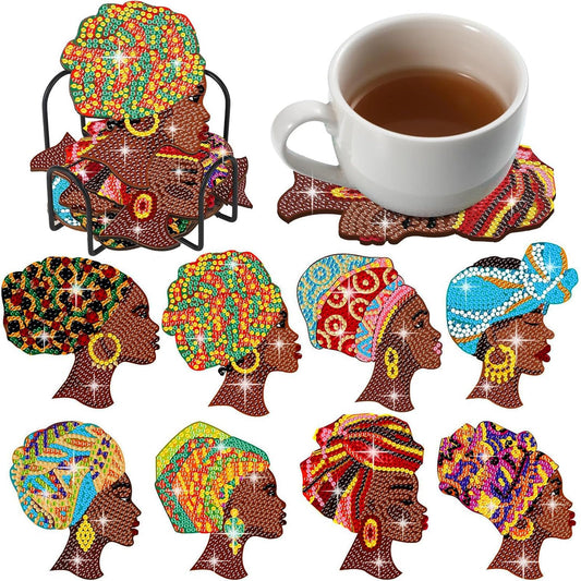8 Pcs African American Diamond Painting Coasters with Holder Black Women Diamond Art Kits for Adults Beginners DIY Craft Supplies Gift