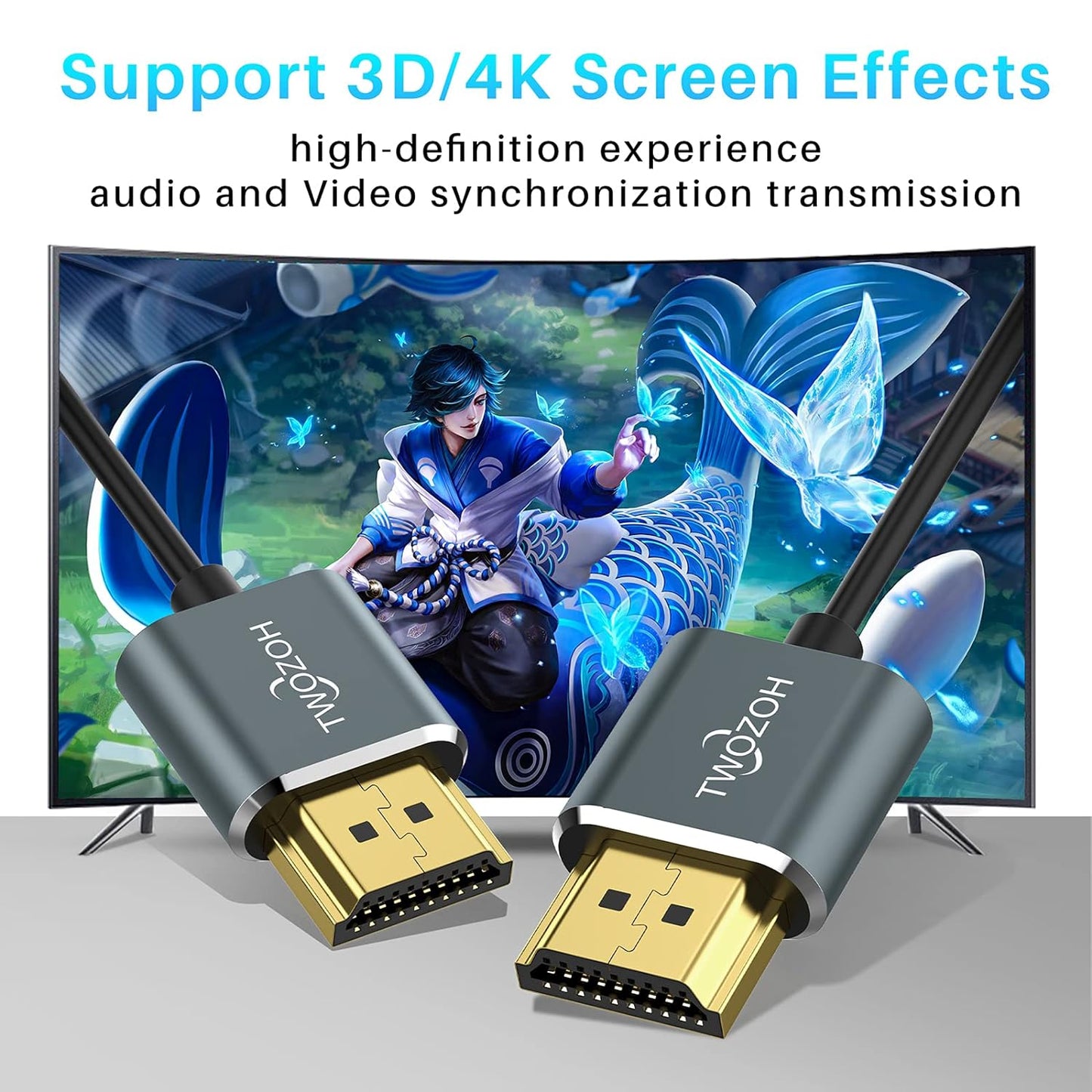Twozoh 25FT, 2.0 3D/4K@60Hz, 2160P, 1080P Ultra-Thin Long HDMI to HDMI Cable Hyper Slim HDMI Cable, Extreme Flexible