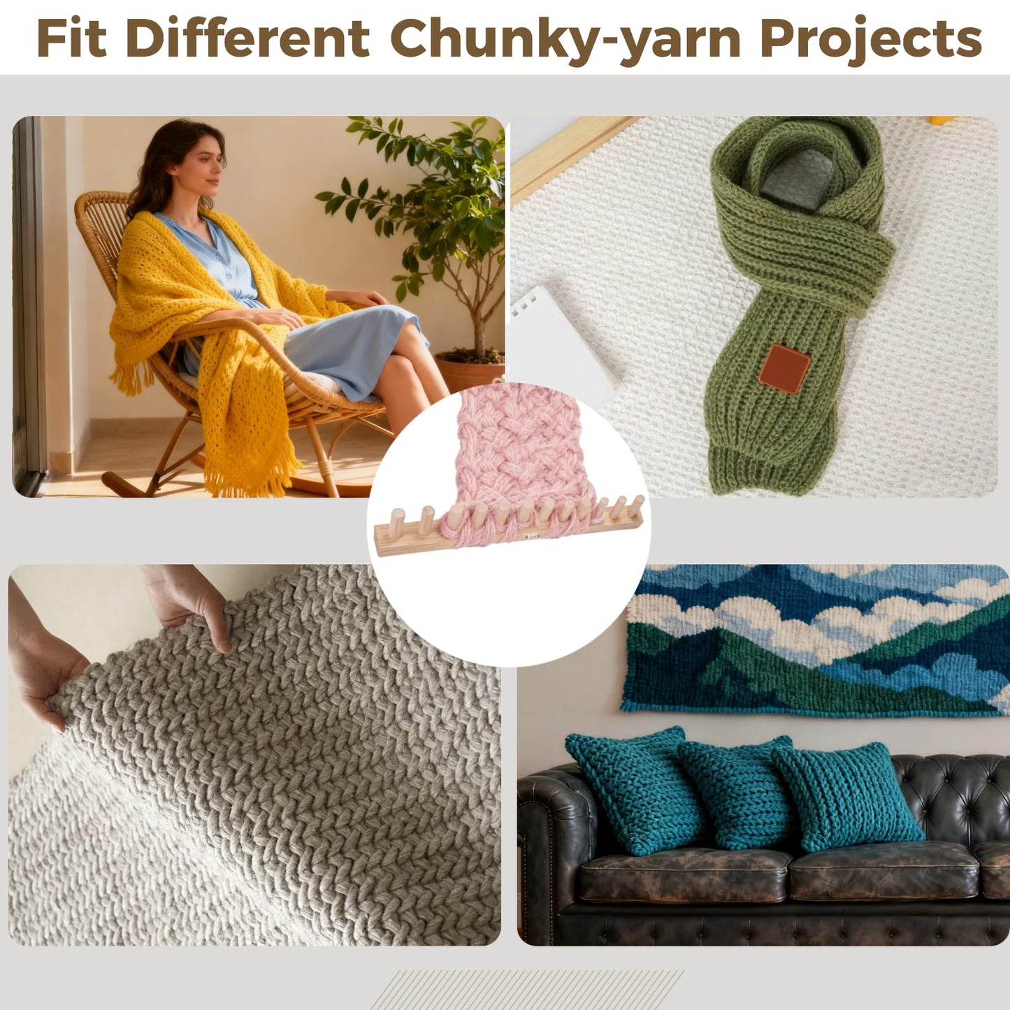 23.6" Chunky Knitting Blanket Loom, Wooden DIY Weaving Loom Kit, Adjustable Modular Blanket Frame, Includes Assembly Hardware, 2-in-1 Knitting Loom for Blankets,Throws, Afghans (Wood)