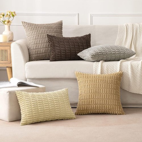 MIULEE Corduroy Lumbar Throw Pillow Covers - Soft Boho Striped Design | 20x12 Inch Light Brown for Modern Farmhouse Decor