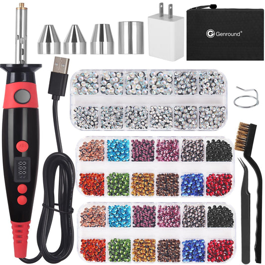 Genround Hotfix Rhinestone Setter, LCD Display Hotfix Applicator Tool Bedazzler Kit with Rhinestones Hot Fixed Wand for Clothes Clothing Fabric Crafts 6000pcs AB Crystal Clear 3 Gems Sizes Tips