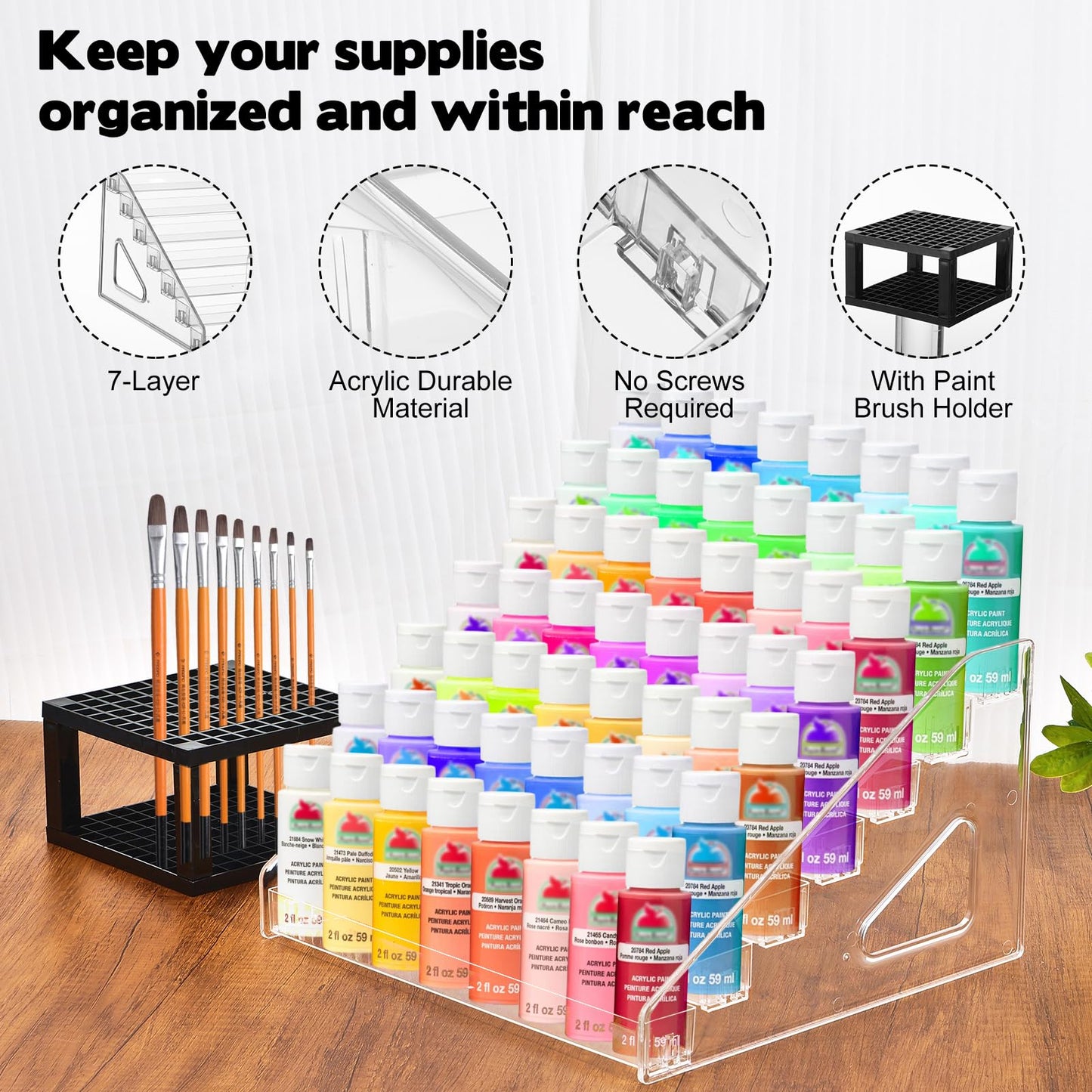YEXEXINM 4 Pcs Clear Paint Organizer With 2 Pcs Paint Brush Holder,7 Layers Acrylic Paints Organizer Storage Rack,Craft Paints Organizers Rack