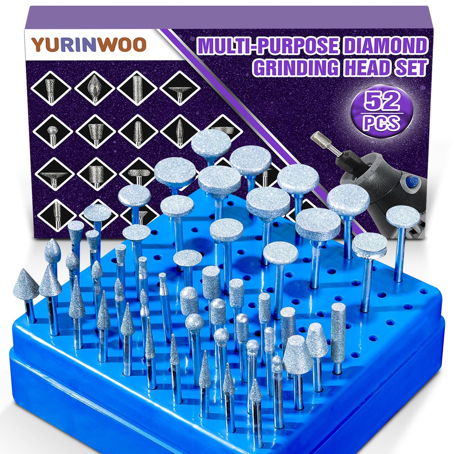 Diamond Grinding Bit Compatible with Dremel, 52Pcs Stone Carving Set Diamond Bits 1/8" (3mm) Shank Polishing Kit for Stone Glass Ceramics Carving Polishing Grinding Etching