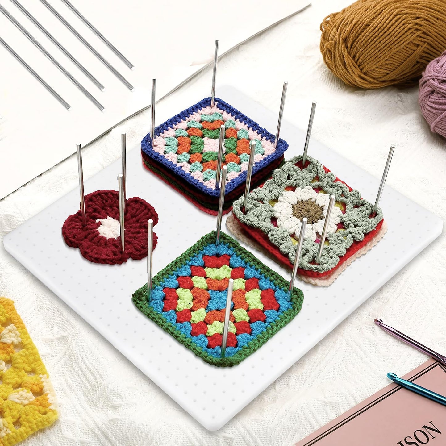 13” Washable Crochet Blocking Board with 20 Pegs/Pins, Upgraded Plastic Blocking Boards for Crochet Projects with Adjustable Tilt Angle, Granny Square Blocking Board for Crocheters, Beginners, Mothers