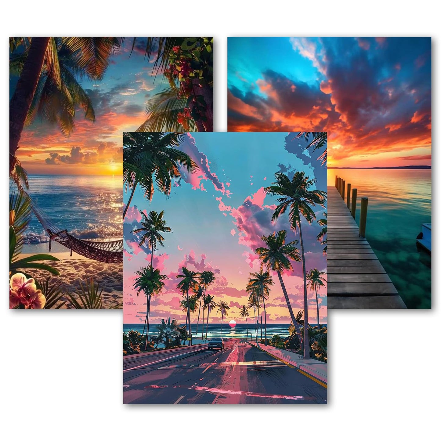 bleihum 3 Pack Beach Diamond Art Kits for Adults, Sunset 5D Diamond Painting Kits for Adults Beginners, Seascape DIY Round Full Drill Gem Art and Crafts Home Decor 12x16 Inch