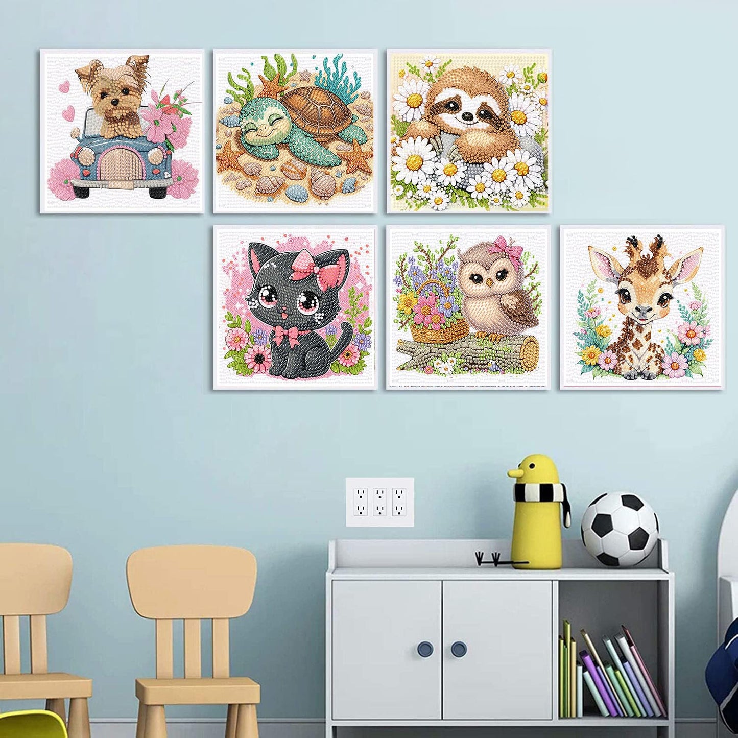 ajepon 6 Pack Animal Diamond Art Kits for Kids, Cute Animals Diamond Art for Kids Ages 8-12, Cat Dog Turtle Sloth Giraffe Owl Diamond Painting Kits for Kid for Gift Home Wall Decor (6x6inch)