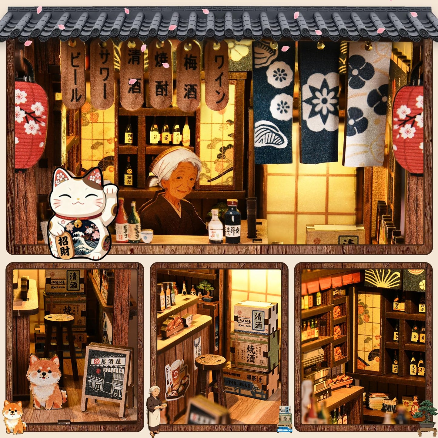 Kubelyx Book Nook Kit - DIY Miniature Doll House Kits for Adults and Teens, Craft Lovers' 3D Wooden Puzzle Bookshelf Decor with LED Light, Gifts for Family and Friends (Sakura Alley Sake Bar)