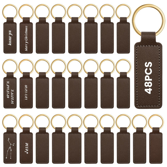 Wavyknot 48 Pcs Leather Keychains Blank Bulk PU Leather Laser Engraving Keychains Gift for Men Women Christmas Birthday (Brown Color)
