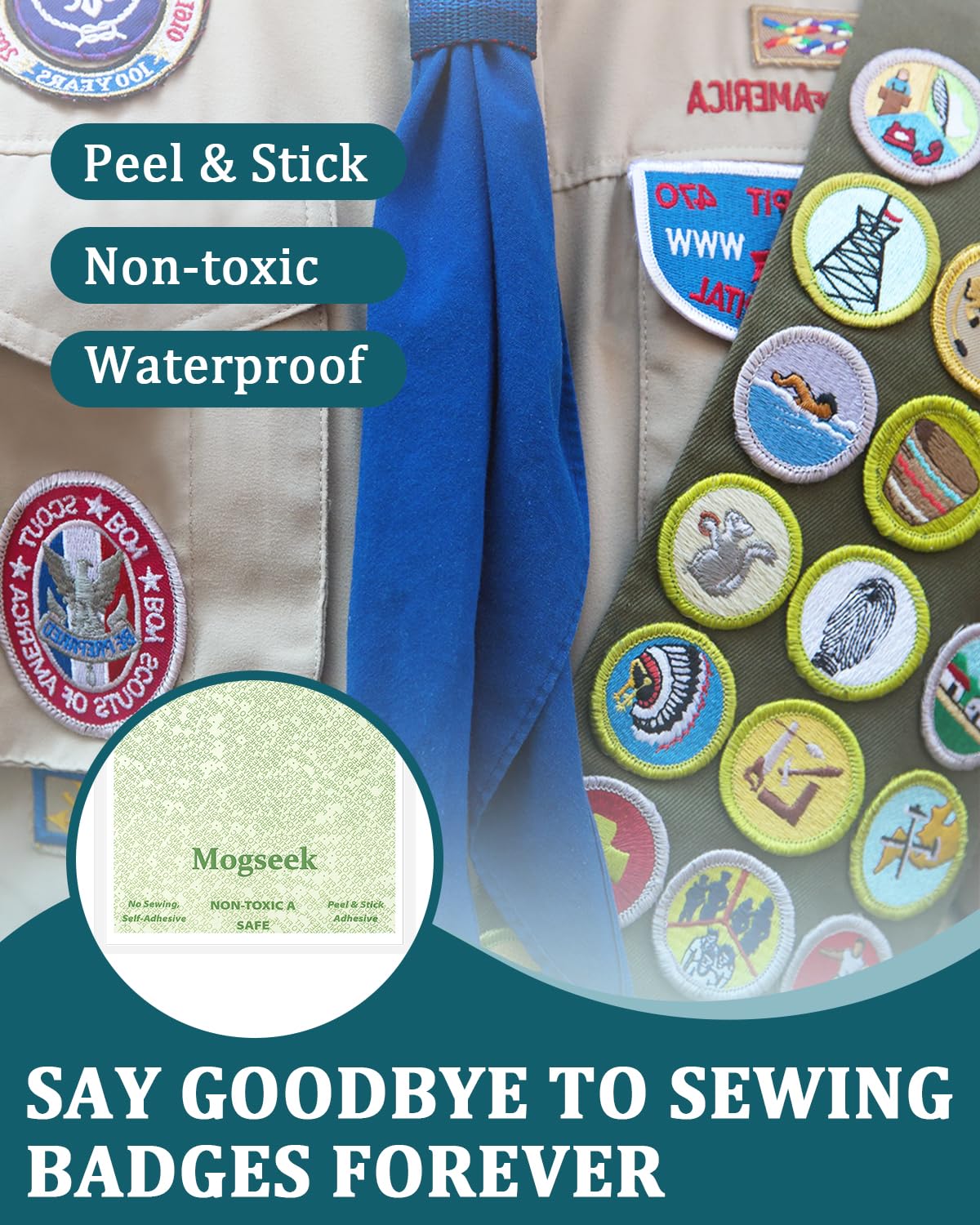 Patch Magic Adhesive, Girl Scout Patch Adhesive Washable Double-Sided Glue for Scout Badges, Patches, Fabric, and More, Cut to Fit Freestyle, No Sew No Iron 4 Pack