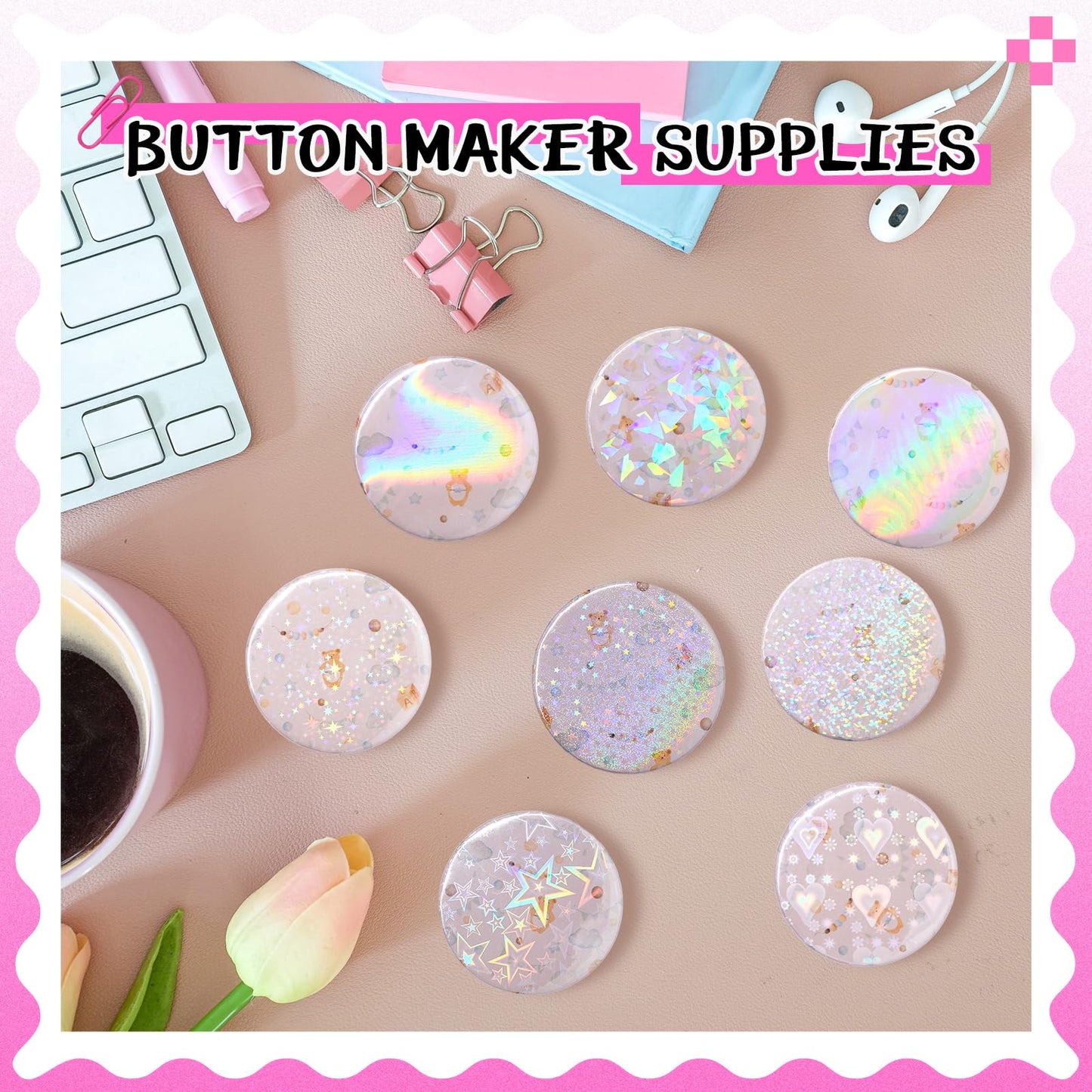 Humyoun 200 Sets 2.25 Inch 58mm Button Maker Supplies for Pin Maker Machine Kit Including 200 Holographic Sparkling Films, 100 Laser Back 100 Starry Back and 200 Shell for Button Press