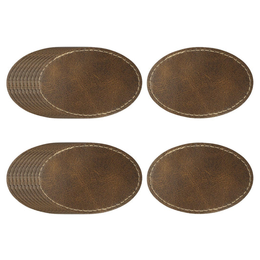 uxcell 20 Pcs Leather Patches for Hats, Oval Leather Hat Patches with Adhesive, Rustic Faux Iron on Blank Patch for Laser Engraving Fabric Repair Sew Crafts, Dark Brown