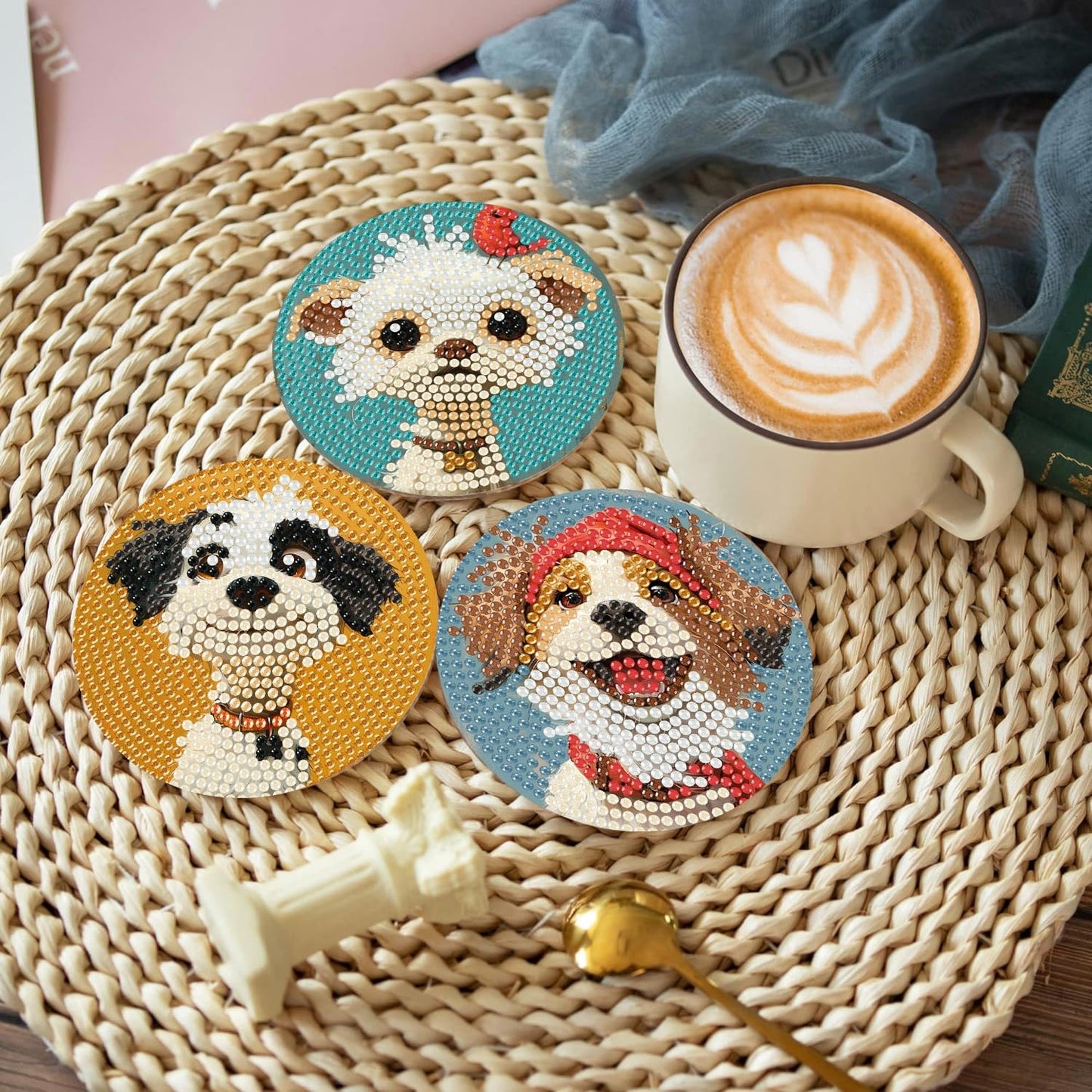 Cute Dog Diamond Art Painting Coasters Kit, 8 Pieces Puppy Diamond Art Coasters with Holder, DIY Dog Diamond Coasters for Beginners