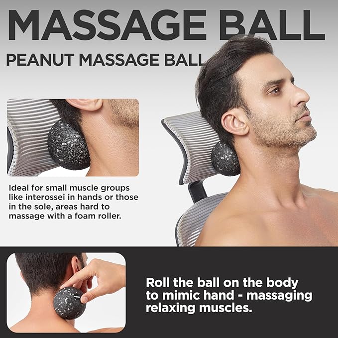 5 in 1 Foam Roller Set with Peanut Massage Ball, Curved Muscle Brush - Yoga Roller, Massage Ball, Trigger Point Triangle for Deep Tissue Relief (Black Gray)
