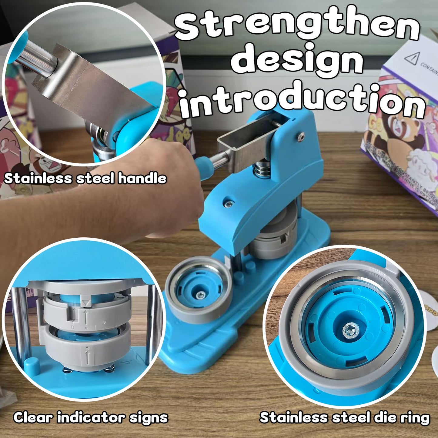Blue Button Maker Machine 58mm (2.25 inch), DIY Button Pin Maker Machine Comes with Free Button Parts, Circle Cutter, Cutting Board, Pattern Paper, Holographic Bags, Colored Film, and Protective Case