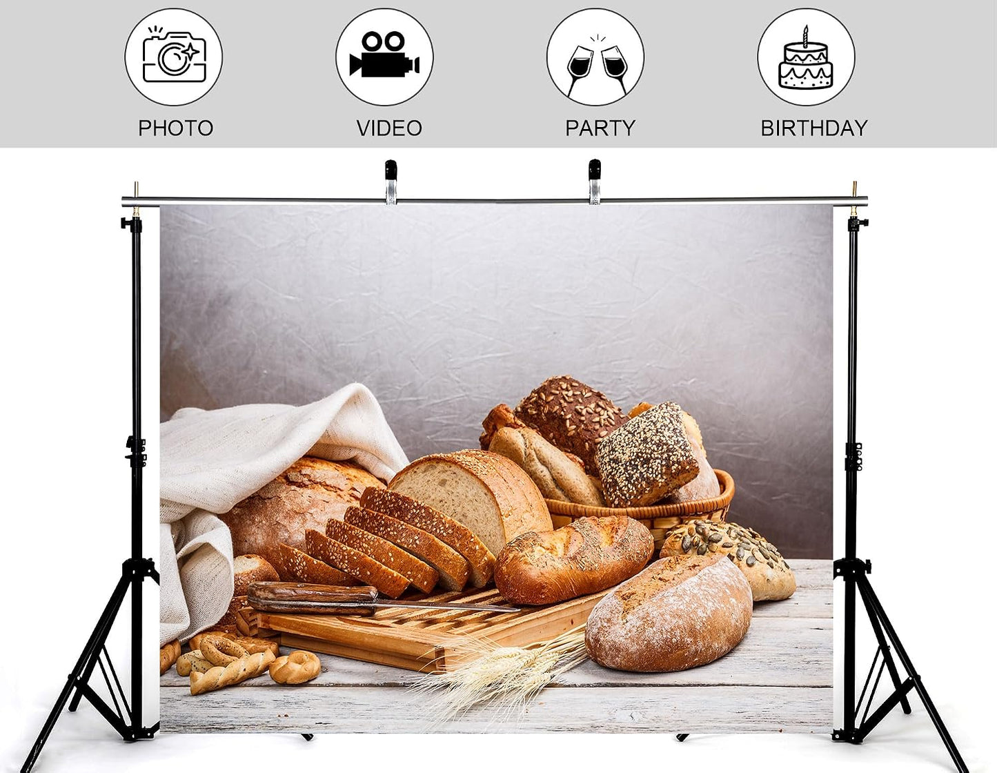 KeyWork 8x6ft Artisan Bread Assortment Backdrop Fresh Bakery Photography Background for Party Food Themed Gathering