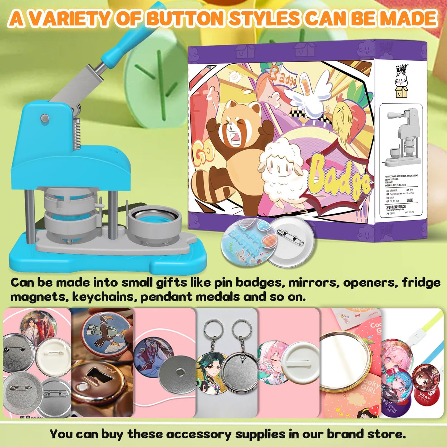Blue Button Maker Machine 58mm (2.25 inch), DIY Button Pin Maker Machine Comes with Free Button Parts, Circle Cutter, Cutting Board, Pattern Paper, Holographic Bags, Colored Film, and Protective Case