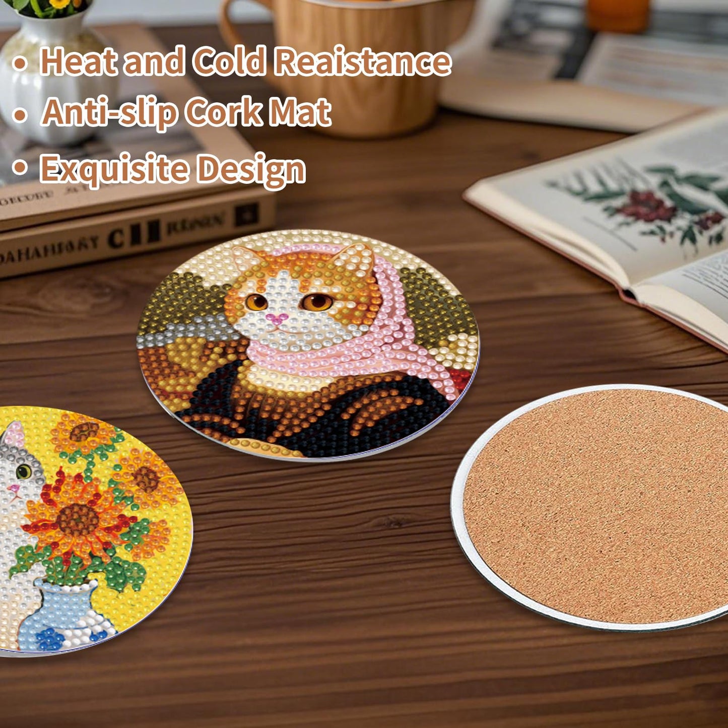 PERFECTSIGHT 8 Pcs DIY Diamond Art Painting Coasters with Holder, Cute Diamond Paint Coaster Kits for Adults, Kawaii Full Drill Diamond Art Craft Paint by Number Non Slip Coaster - Multicolor Cats