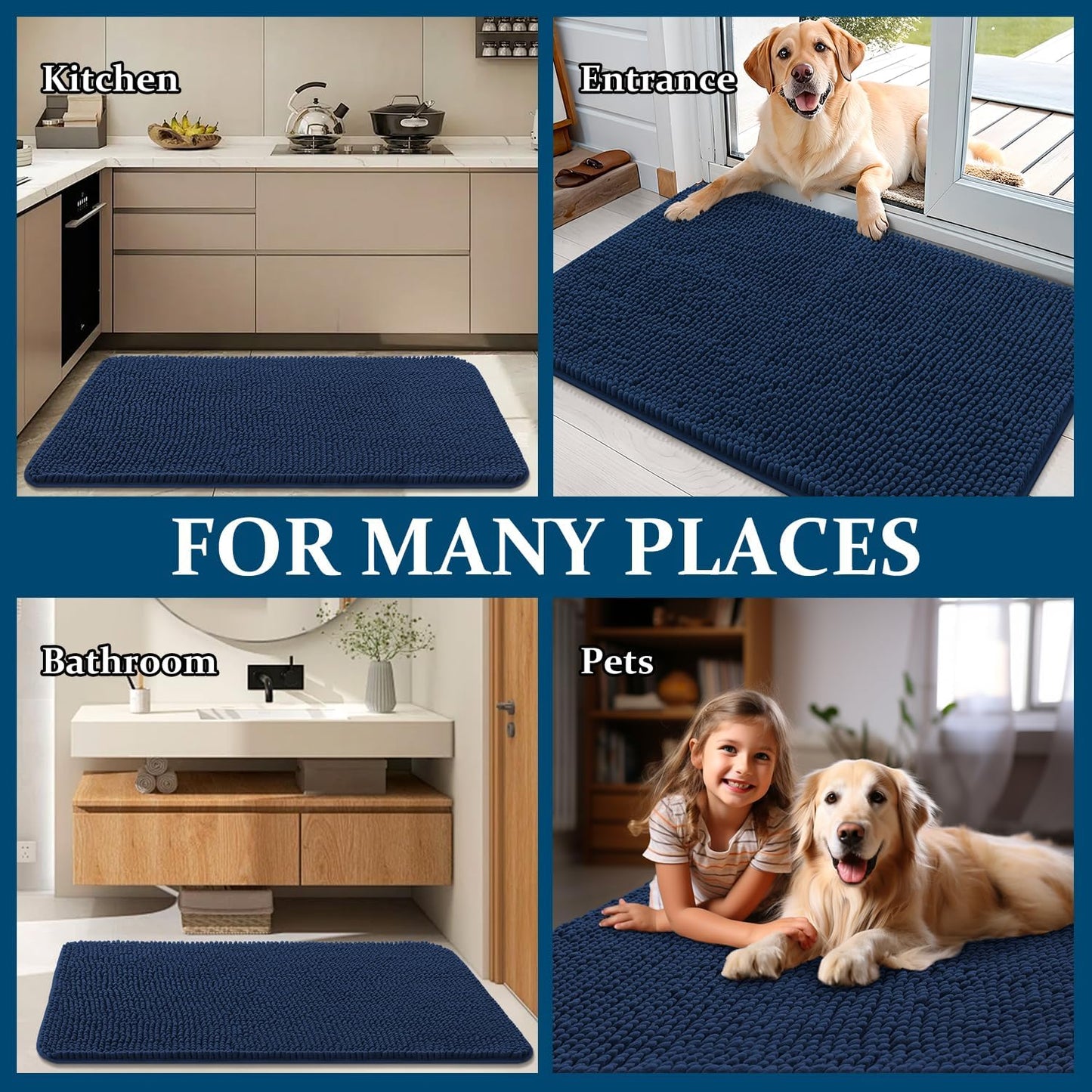 OLANLY Dog Door Mat - Absorbent Non-Slip Chenille Mat for Muddy Paws | 59x24 Inches, Dark Blue