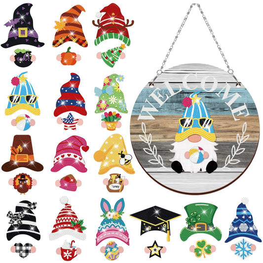 31pcs Interchangeable DIY Gnome Welcome Sign Magnetic Diamond Art Painting Kit for Front Door, Detachable Hat Holiday Decor with Tools, Mother's Day Handmade Gift for Wall Door(Blue and Gray Color)