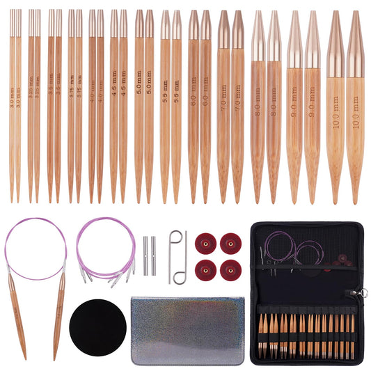 Weabetfu Knitting Needles Set with Bamboo Circular Knitting Needle 13 Pair Interchangeable Knitting Needles and Cables, Accessories and Case Perfect for Beginner, DIY Crafts