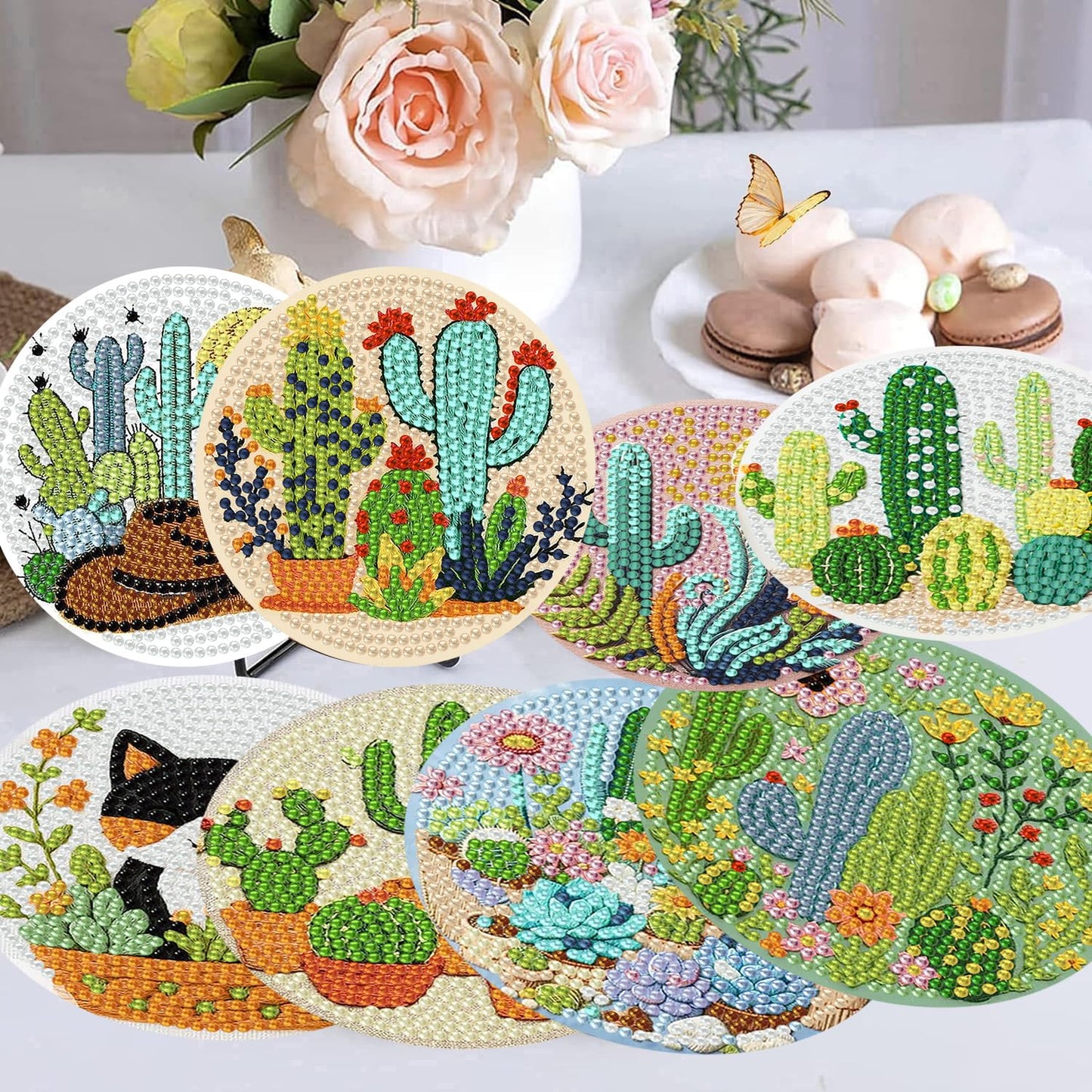 mrpwnle 8 Pcs Cactus Diamond Art Coasters Kit for Adults, Cactus Flowers Diamond Painting Coasters with Holder Cork Pads, DIY Diamond Art Non Slip Coaster Crafts Kits for Adults Beginners Gifts