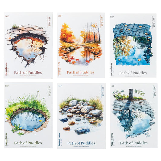 60 Pieces Aesthetic Landscape Creation PET Sticker Set, 6 Pack Vintage Puddles Scenery PET Stickers for Scrapbooking, Journaling, Waterproof DIY Crafts, and Junk Journal