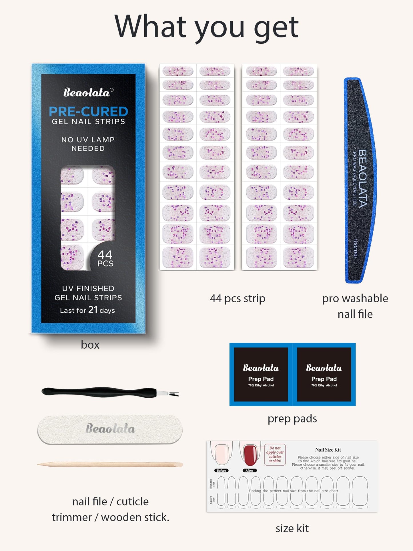 Beaolata Real Gel Nail Strips (No UV Light Needed) - 44Pcs Salon Quality Nail Stickers - Long Lasting Polish Wraps for Women, Easy Apply & Remove (Amethyst Glitter Purple)