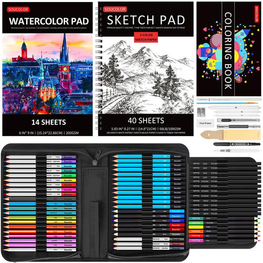 Soucolor Art Supplies, 76 Pack Drawing Set Sketching Kit, Gifts Box for Artist Adult : 3-Color SketchBook, Watercolor Pad, Coloring Book, Charcoal Colored Watercolor Metallic Pencils
