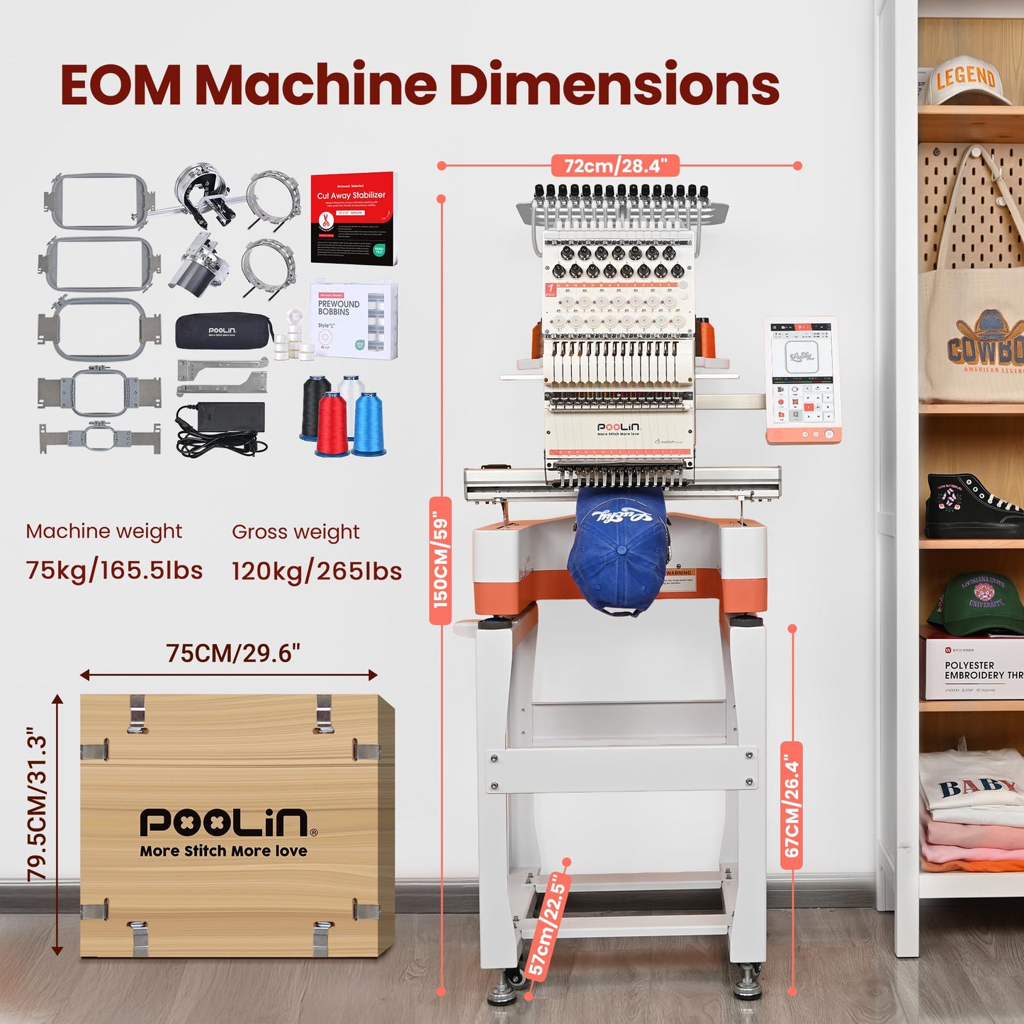 Poolin EOM 15-Needle Embroidery Machine + 20 Matte Threads – Premium Non-Shiny Finish for Hats, Apparel & Logo Embroidery, 14.2"x9.5"