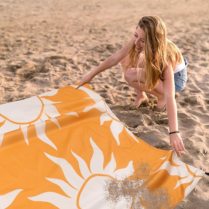 Beach Blanket, Waterproof Sandproof Beach Blanket with 4 Stakes & Pockets, 78''×86'' Lightweight Outdoor Picnic Blanket for Travel, Camping, Hiking