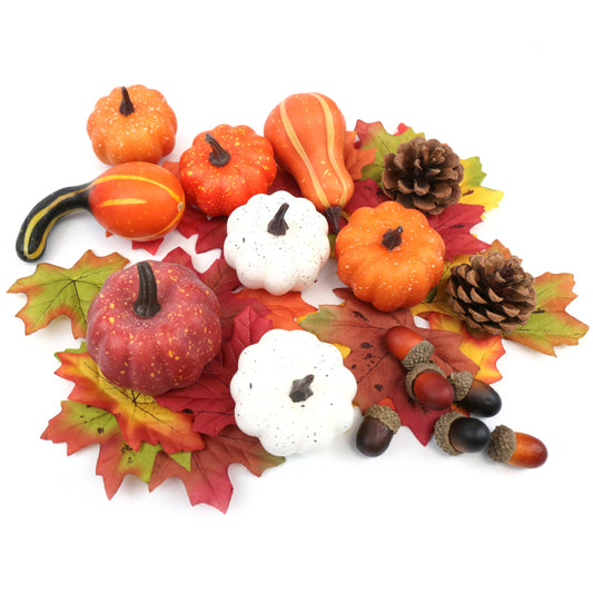 36PCS Mini Artificial Pumpkins Fall Decor Set - Realistic Small Fake Pumpkins for Decorating with Gourd Fall Leaves Acorns Pinecones for Autumn Table Centerpiece, Thanksgiving Harvest Home Decorations