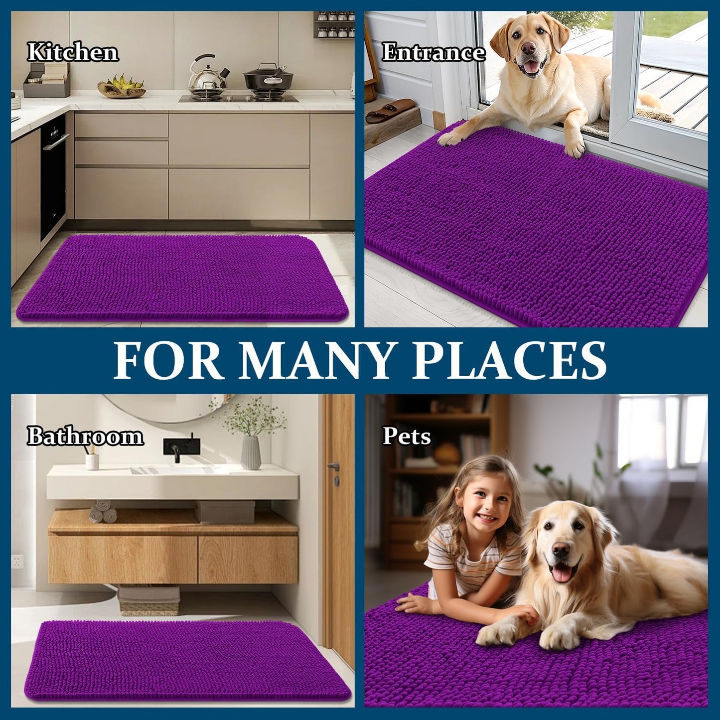 OLANLY Dog Door Mat - Absorbent Non-Slip Washable Doormat for Muddy Paws | 59x35 Purple Chenille Mat