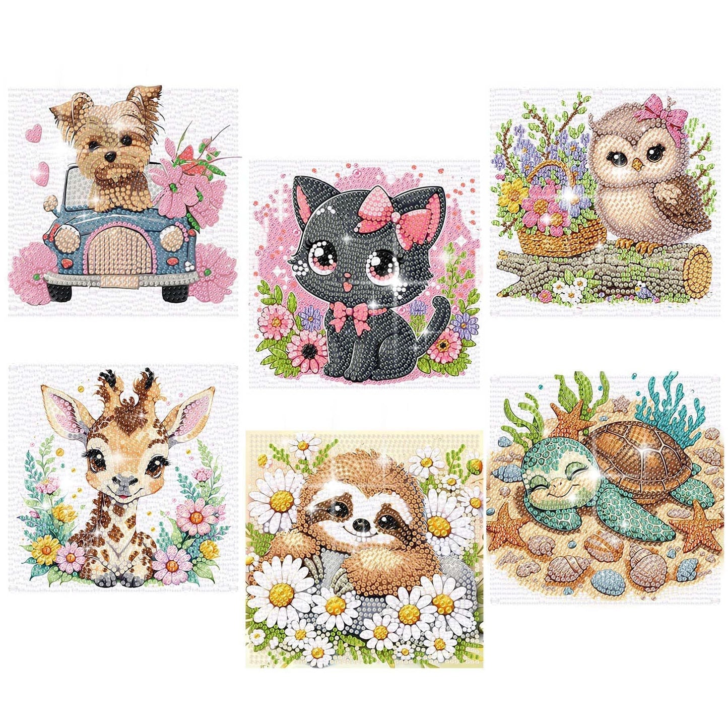 ajepon 6 Pack Animal Diamond Art Kits for Kids, Cute Animals Diamond Art for Kids Ages 8-12, Cat Dog Turtle Sloth Giraffe Owl Diamond Painting Kits for Kid for Gift Home Wall Decor (6x6inch)