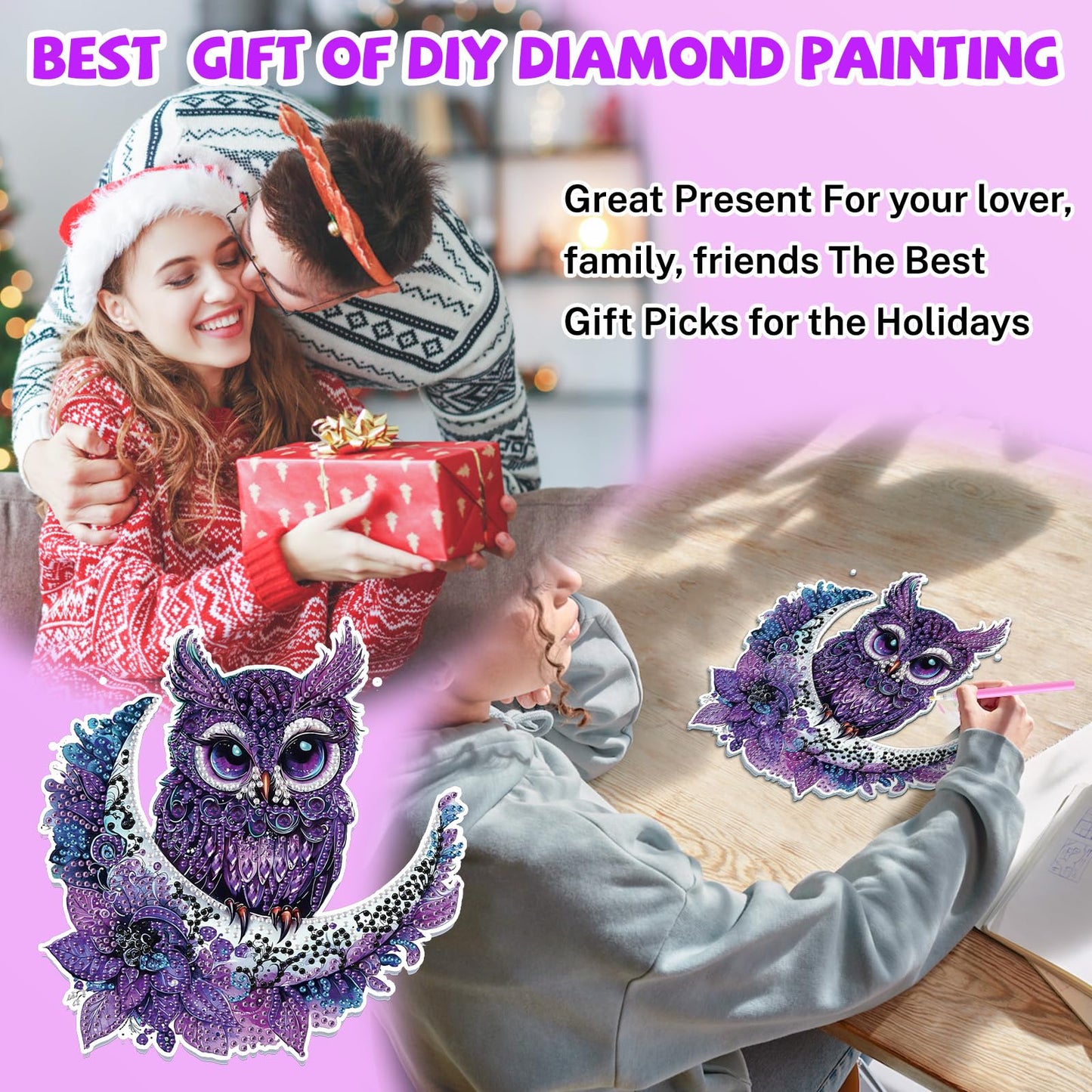 Bowetile Owl Diamond Art Hanging Kits for Adults, 5D Special Shape Diamond Painting Moon Pendant Kits, Gem Art Suncatchers Painting Window Ornament for Home Garden Wall Decor